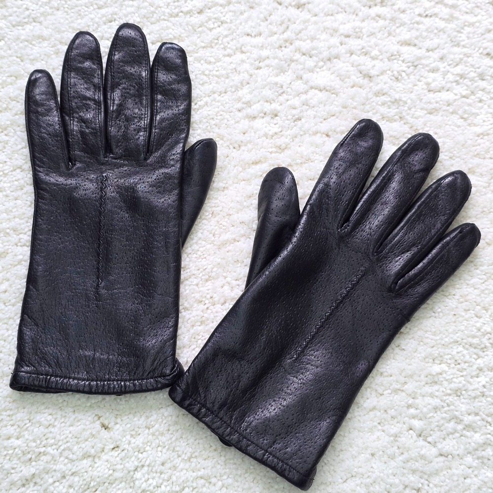 Aris Women's Size 7.5 Black Genuine Leather Lined Winter Gloves Vintage‎